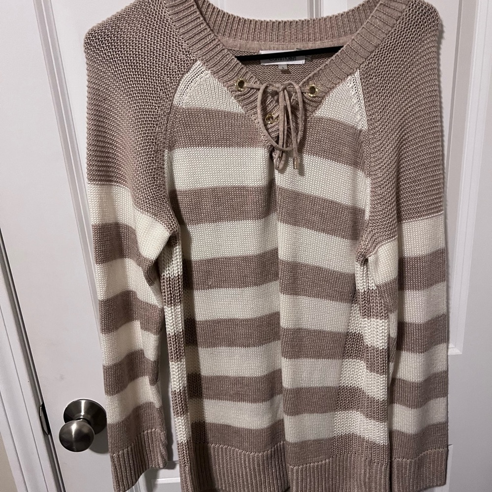 Calvin Klein Brown and Cream Striped Sweater